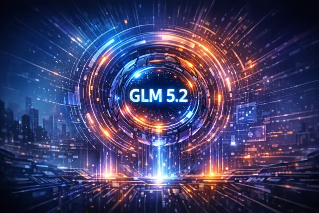 Digital graphic showing an open-source AI model concept with Chinese and U.S. flags, highlighting the global competition and launch of Zhipu AI's GLM-5.2.