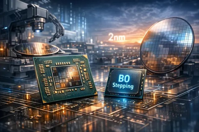 Digital rendering of an advanced AMD Ryzen processor chip illuminated with neon blue and purple light, symbolizing next-generation Zen 6 technology.