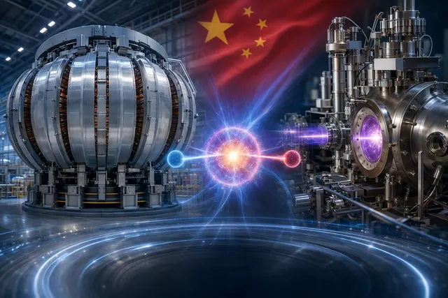 AI-generated conceptual illustration of a fusion research facility and a glowing plasma ring
