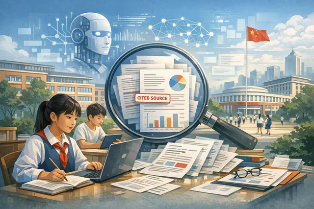 A stylized illustration of a classroom with a central AI-powered device, surrounded by students and books, symbolizing the intersection of generative AI and education.