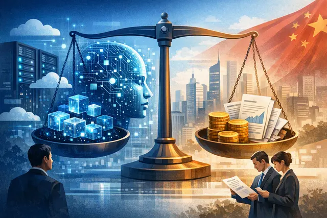 Abstract digital illustration of stacked coins labeled AI with network nodes connecting to cloud servers, representing a paid-weights commercial licensing model for Chinese AI deve