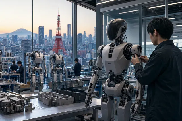 AI-generated editorial illustration accompanying an article about modular humanoid robots in factories