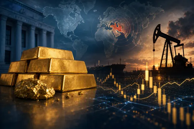Editorial illustration of gold market volatility and price-chart movement