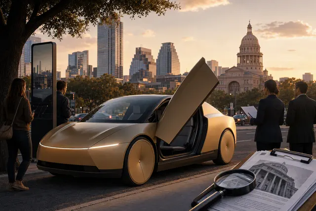Editorial illustration of Tesla’s two-seat Cybercab robotaxi in Austin