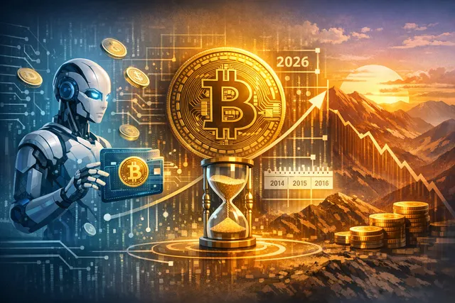 Changpeng Zhao (CZ) - Binance founder speaking at a crypto conference, with abstract visual elements representing AI agents, Bitcoin cycles, and quantum computing.