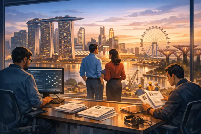 Illustration of Anthropic's expansion into Singapore, showing a futuristic skyline with AI network motifs and the company's brand colors.