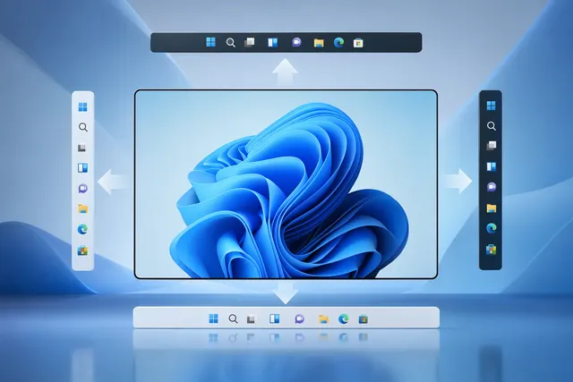 Windows 11 desktop interface showing taskbar repositioned to different edges of the screen