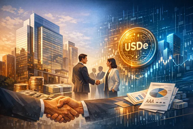 Abstract visual representing the strategic partnership between a global asset manager and a decentralized synthetic dollar protocol, with tokens and institutional finance elements.