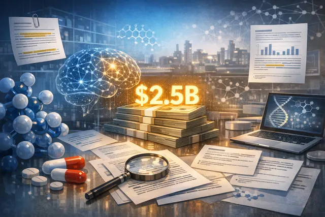 Abstract visualization of AI-driven drug discovery network connecting molecules, neural pathways, and financial deal terms for CNS neuroimmune disorders.