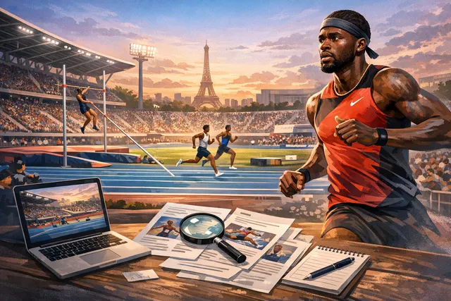 Athletes sprinting on a track under stadium lights