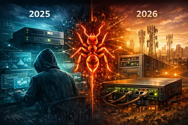 Conceptual illustration of a cyber espionage operation moving from VMware servers into routers and authentication infrastructure
