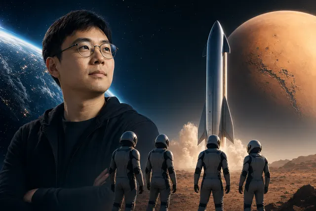 Conceptual image of a SpaceX Starship flying past Mars on a crewed flyby mission