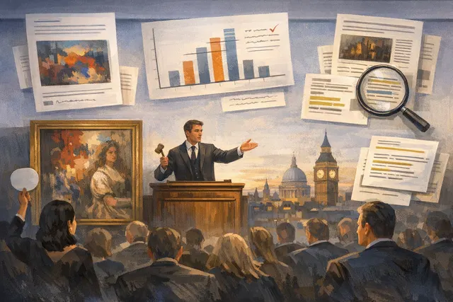Conceptual image of an auction scene with a Modigliani nude painting at Sotheby's London evening sale, representing the record-breaking Lewis Collection auction.