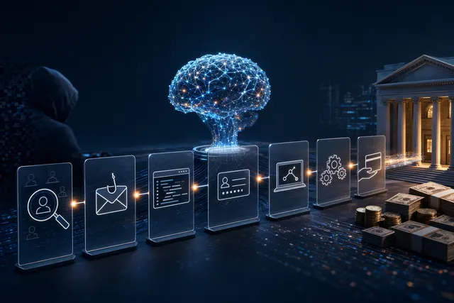 Illustration of AI-driven cyber threat activity and connected attack workflows