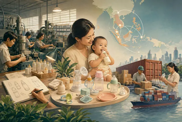 AI-generated editorial illustration accompanying the history of Singapore baby-care brand Tollyjoy