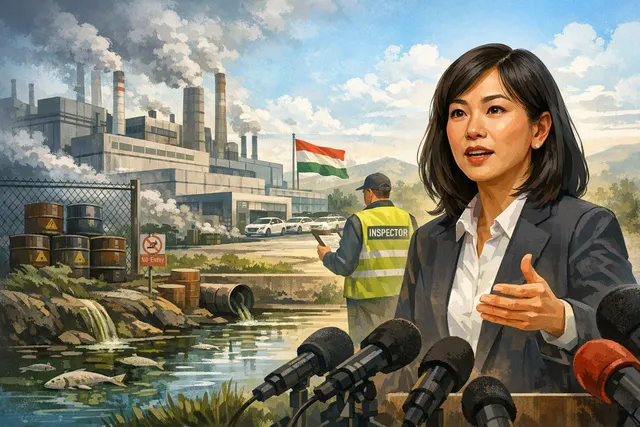 A conceptual illustration of an electric vehicle factory with a gavel, documents, and warning signs representing an investigation.