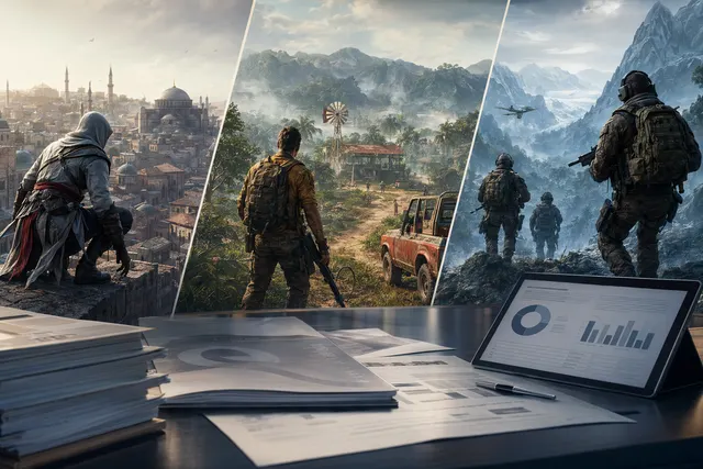 Ubisoft game franchises Assassin’s Creed, Far Cry, and Ghost Recon representing the company’s future release pipeline