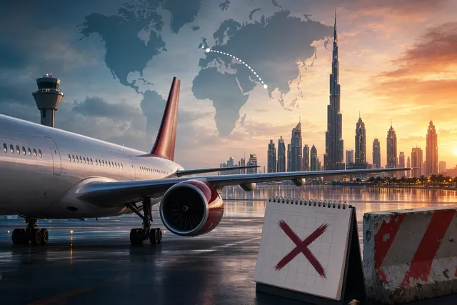 Editorial illustration of a Virgin Atlantic Dubai route suspension over Middle East airspace