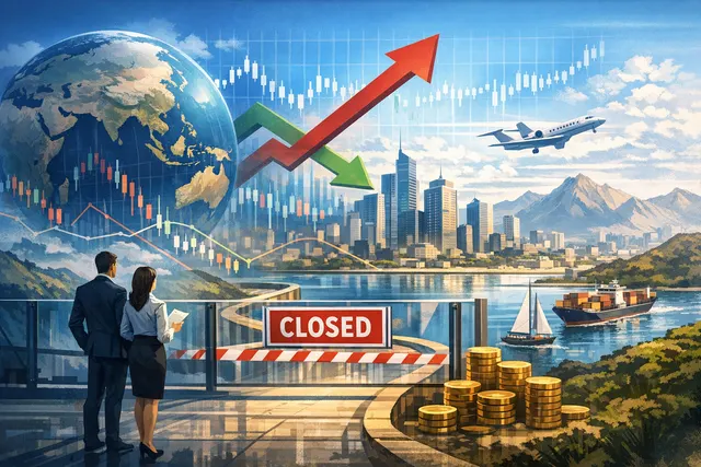 A visual metaphor for emerging market hedge funds facing capacity constraints, with barred doors in a high-rise financial district overlooking a volatile market graph.