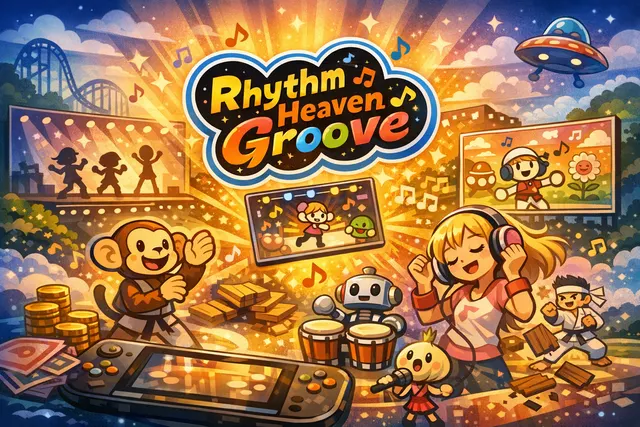 Rhythm Heaven Groove key art showing a colorful, quirky rhythm mini-game scene on Nintendo Switch