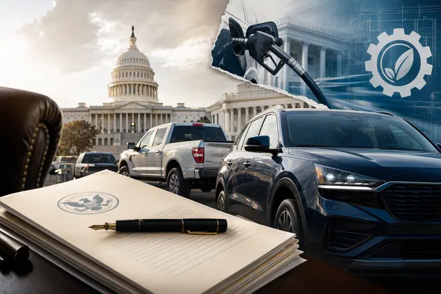 Illustrative editorial image accompanying an article about proposed U.S. vehicle fuel-economy standards.