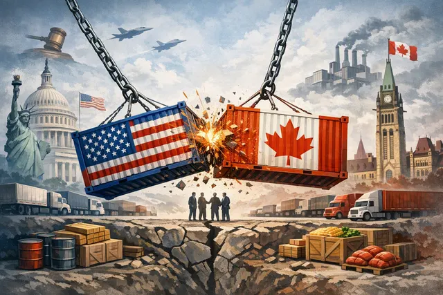 Editorial illustration of U.S. and Canadian flags divided by tariff barriers during a trade dispute