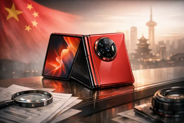 Illustration of the Xiaomi 18 Fold in red, shown open and closed with its wide mid-fold design and horizontal triple-camera bar