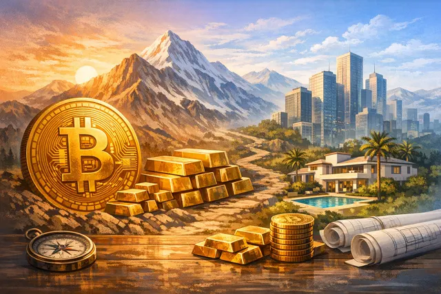 Artist's concept of Bitcoin's digital gold thesis, with a Bitcoin coin against a gold background and chart lines
