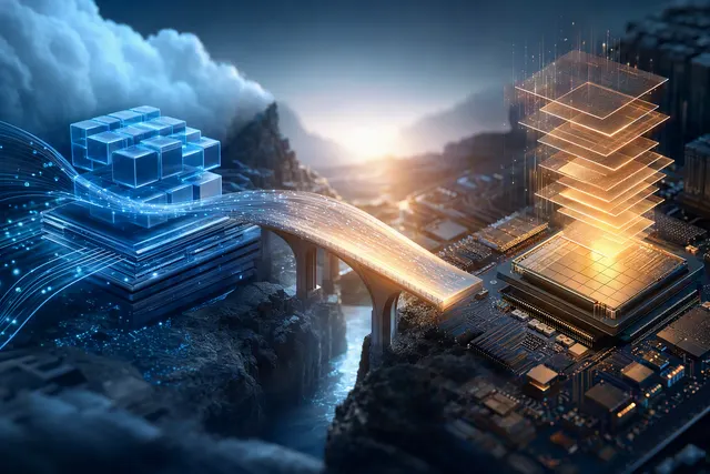 Editorial illustration of AI accelerator infrastructure and large-model inference