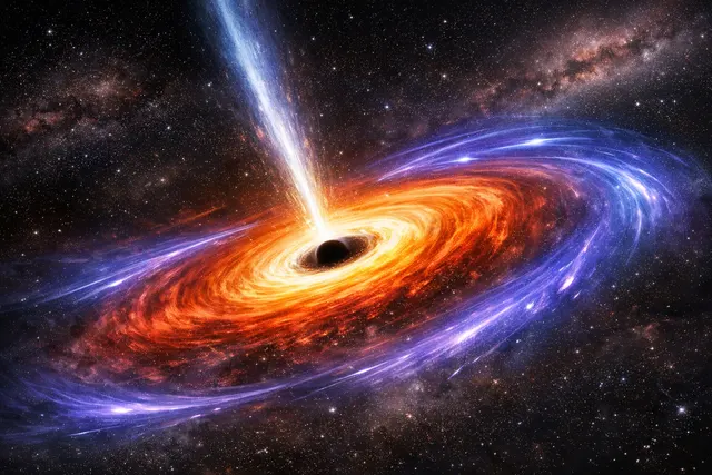 Artist's illustration of a supermassive black hole at the center of a galaxy, generating an energetic quasar wind that blasts gas outward at record-breaking speed.