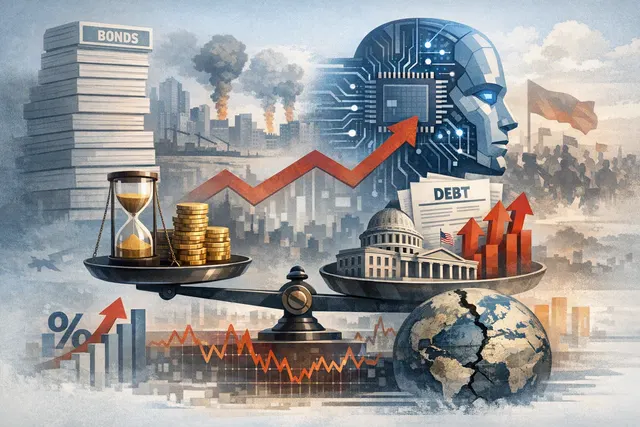 Editorial illustration of a synchronized global government bond sell-off, rising yields and fiscal pressure