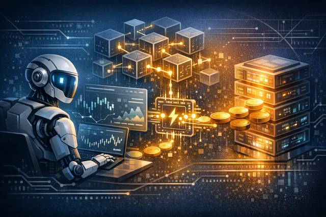 Abstract visualization of an AI agent autonomously requesting on-chain data and paying with USDC via the x402 protocol