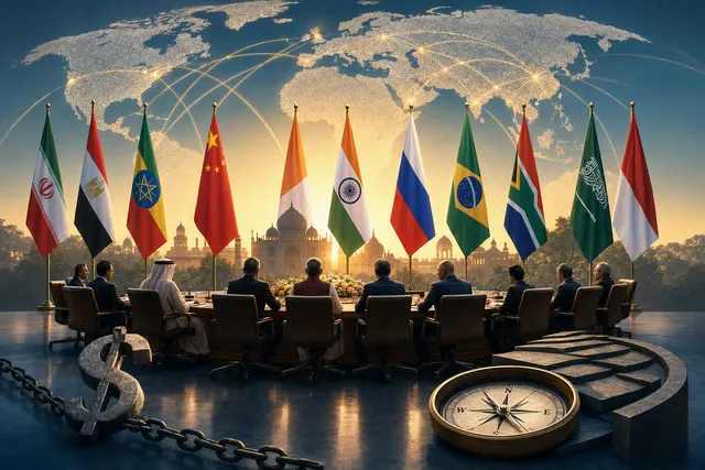 Editorial illustration of the BRICS summit and cross-border currency payments