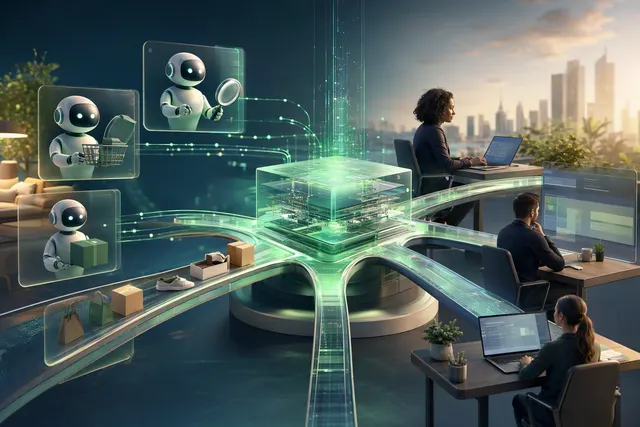 Editorial illustration representing Shopify’s commerce tools for external AI agents and its internal River agent