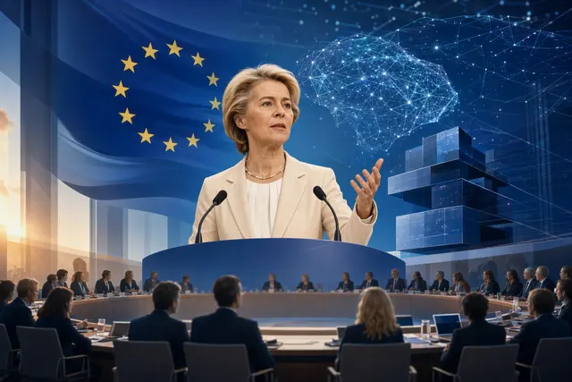 Editorial illustration of Ursula von der Leyen’s call to pace frontier artificial intelligence development