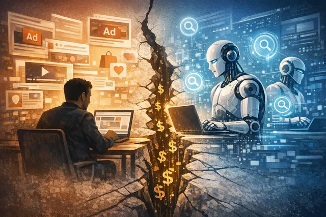 Abstract illustration of AI agents navigating a parallel web of connected information and publisher content