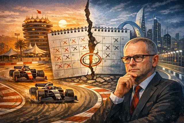 Formula 1 CEO Stefano Domenicali stands beside a race car overlooking the Bahrain International Circuit with a 2026 F1 calendar graphic overlaid