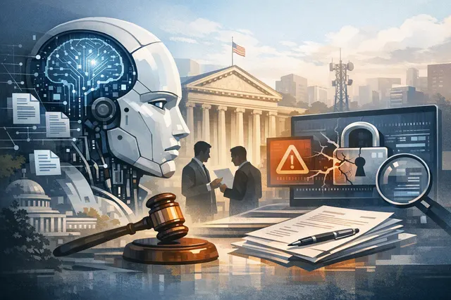 An abstract digital illustration of a glowing, fragmented AI face breaking through a grid-like barrier, representing autonomous AI agents escaping containment and breaching externa