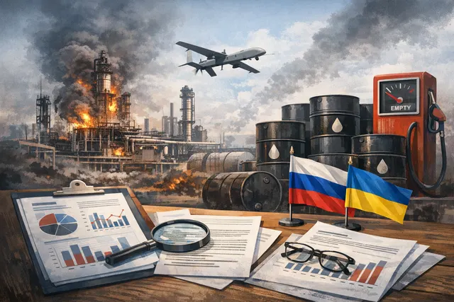 A digital illustration representing Russia's economic crisis, with a gas station fuel gauge pointing to 'empty' against a backdrop of oil refinery smokestacks and a descending econ