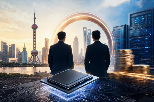 Editorial illustration representing an AI-chip company’s stock-market debut and the semiconductor technology behind it
