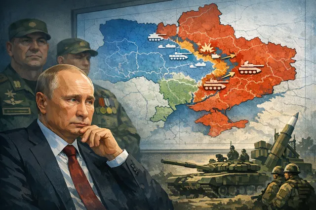 A propaganda-style map of Ukraine, distorted and exaggerated, being held up in front of a grim-faced Vladimir Putin in a dark, war-room setting.