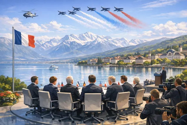 World leaders gathered in conference hall at the 52nd G7 Summit in Évian-les-Bains, France, 2026, discussing global cooperation under a large G7 logo backdrop.