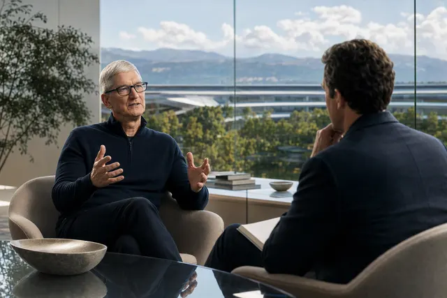 Editorial illustration accompanying coverage of Tim Cook’s transition from Apple CEO to executive chairman
