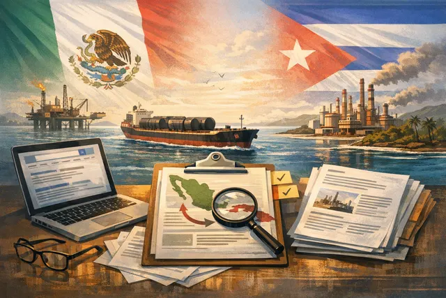 Editorial illustration representing Mexico's halted oil shipments to Cuba amid a severe fuel crisis, with symbols of fuel, power outages, and diplomacy.