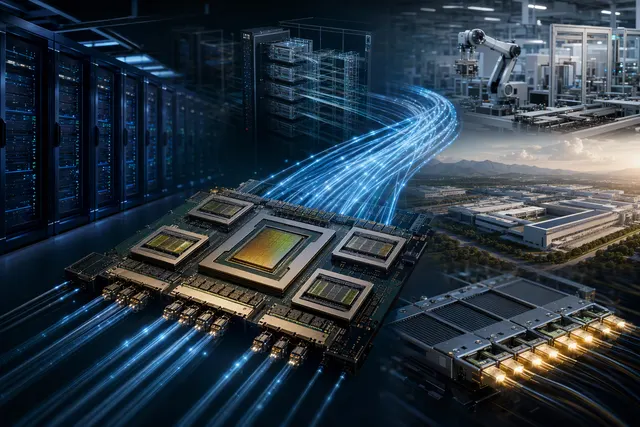 Illustration representing optical interconnects linking chips and racks in an AI data center