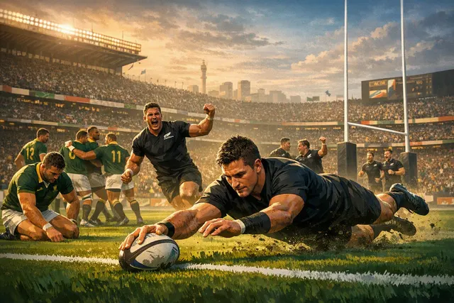 Illustrated rugby scene of New Zealand All Blacks players attacking against South Africa Springboks at Ellis Park