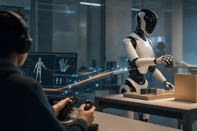 Editorial illustration of a Tesla Optimus humanoid robot and remote-control autonomy concept