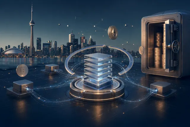 Concept illustration of a crypto clearing network connecting institutions and digital assets
