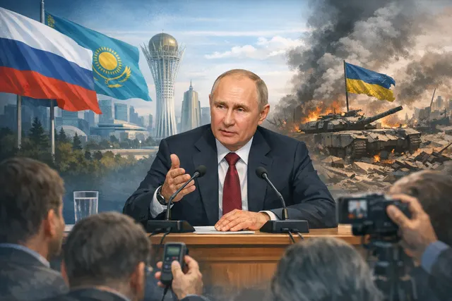 Vladimir Putin speaking at a press conference in Astana, Kazakhstan, May 2026, claiming the Ukraine war is approaching its conclusion.