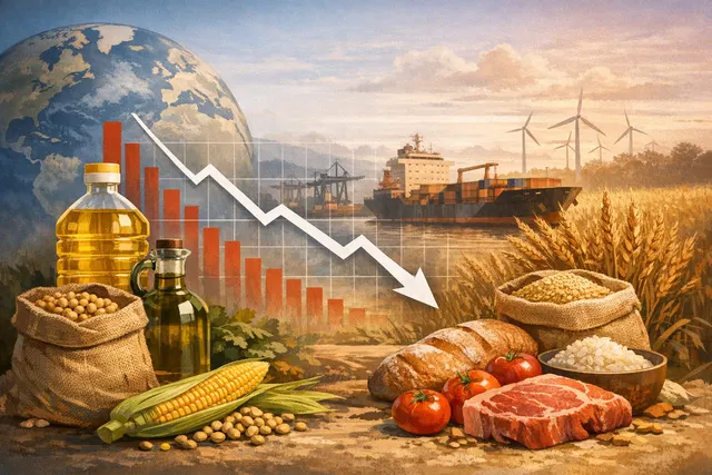 Global food prices displayed on a screen alongside shipping routes affected by the Strait of Hormuz blockage in May 2026